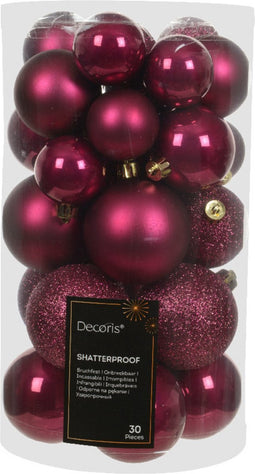 Decoris kerstballen - 30x stuks - 4, 5 en 6 cm - donkerroze -kunststof -kerstversiering
