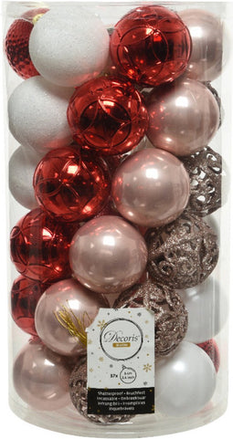 Decoris kerstballen - 37x st - lichtroze/rood/wit - 6 cm - kunststof - kerstversiering