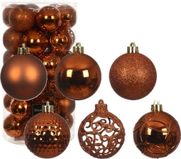 Decoris kerstballen - 37x stuks - 6 cm - koper/cognac bruin -kunststof -kerstversiering