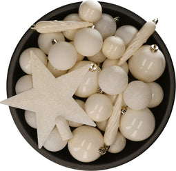 Decoris kerstballen mix - 33 Stuks - Wolwit - Inclusief piek - ø 6 cm