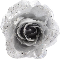 Decoris kerstboom bloem op clip - zilver - 14 cm - kunststof - roos - kerstbloemen