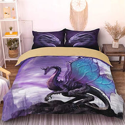 Dekbedovertrek met 2 kussenslopen 3D-geprinte Dragon-beddengoedset met ritssluiting Zachte dubbele dekbedovertrekset van microvezel 200 x 200 cm (paars bruin)