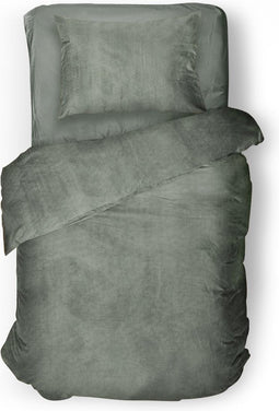 Dekbedovertrek Velvet Uni - Army Green - Dekbedovertrek 140x200/220 - 1 Persoons - Met Kussensloop 60x70 - Velours Dekbedovertrek