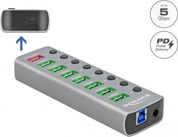 DeLOCK USB hub met 7+2 poorten en aan/uit schakelaars - USB3.0 / PD 27W - externe 12V voeding / grijs - 0,80 meter