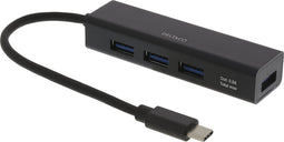 Deltaco USB-C Hub, 4x USB-A, USB 3.1 - Black