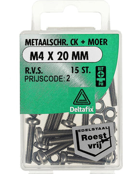 Deltafix. Bout met. MOER M4 x 20 mm. lang. Cilinderkop. R.V.S.-A2. 15 Stuks Metaal schroeven.