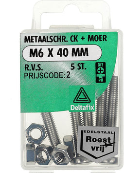 Deltafix. Bout+ MOER M6 x 40 MM. R.V.S. 5 Stuks metaal schroeven. Cilinder-gleuf- kop.