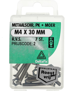 Deltafix metaalschroef platkop + moer r.v.s. a2 m6 x 40 mm din 965 /din 934 4 st.
