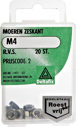 Deltafix moer zeskant r.v.s. a2 m4 din 934 20 st.