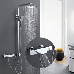 Deluxe Doucheset - Intelligent Thermostaat, Regen- & Handdouche, Watervaluitlaat - Verchroomd en Corrosiebestendig - Compleet met Roestvrijstalen Slang & Aansluitleidin
