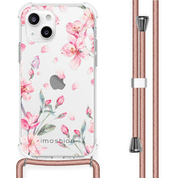 Design hoesje met koord iPhone 13 Mini - Bloem - Roze