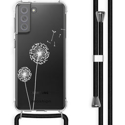 Design hoesje met koord voor Samsung Galaxy S21 FE - Paardenbloem - Wit