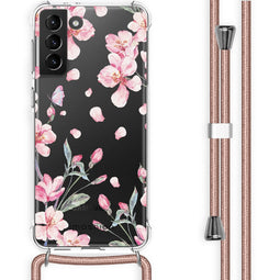 Design hoesje met koord voor Samsung Galaxy S21 Plus - Bloem - Roze