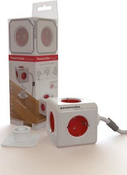 DesignNest PowerCube Extended 3 meter kabel - wit/rood - 5 stopcontacten Type F - stekkerdoos - stekkerblok