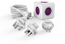 DesignNest PowerCube ReWirable - reisstekker - reis adapter - 4 stopcontacten Type E - 3x wereld reis plug + 1 IEC Cabel EU - Wit/Paars - wereld stekker