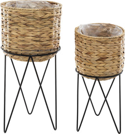 Atmosphera Set van 2 gevlochten bloempotten op metaal zwarte staander - Plantenbak - Metaal - Hyacint