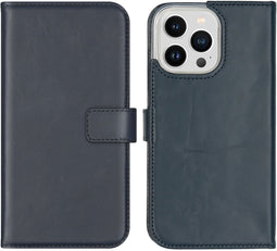 Selencia iPhone 14 Pro Max - Echt Lederen Bookcase - Ruimte voor 3 pasjes - Blauw