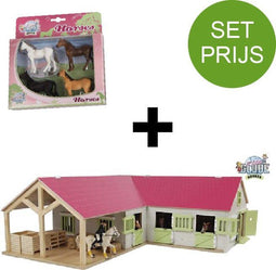 Kids Globe SET paarden hoekstal met 3 boxen en berging 1:24 68x77x27cm roze + 4 paarden