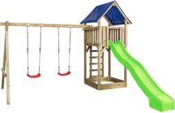 Houten Speeltoestel Jonas (SwingKing) | Speeltoren met Glijbaan, Dubbele Schommel en Zandbak | Voor Buiten in de Tuin | FSC Hout - Glijbaan Appelgroen