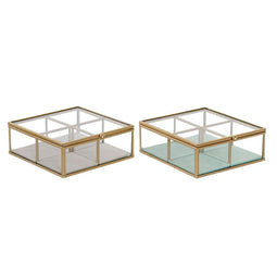 Doos-Juwelenkistje DKD Home Decor Groen Lichtgrijs Metaal Kristal 15 x 15 x 5,5 cm (2 Stuks)