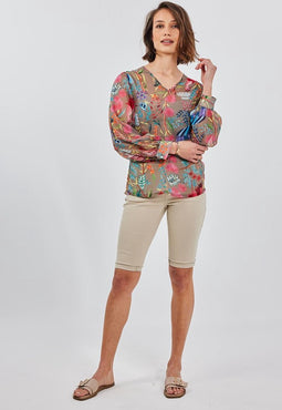 DIDI Dames Blouse chiffon Beau in Aloe Green with Bird garden print maat 42