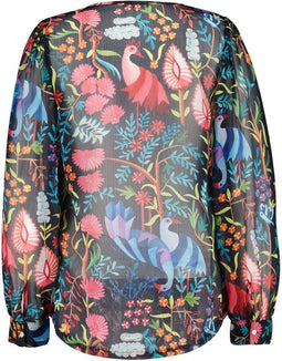 DIDI Dames Blouse chiffon Beau in dark blue with Bird garden print maat 46