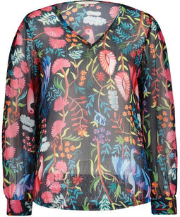 DIDI Dames Blouse chiffon Beau in dark blue with Bird garden print maat 48