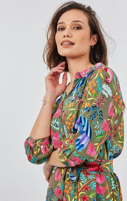 DIDI Dames Longer tunic Wonderful 3/4 sleeve in Aloe green with Bird garden print maat 44