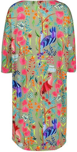 DIDI Dames Loose dress 3/4 sleeves print in Aloe green with Bird garden print maat 42