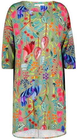 DIDI Dames Loose dress 3/4 sleeves print in Aloe green with Bird garden print maat 44