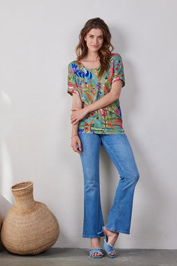 DIDI Dames Loose tee Flow print in aloe green with bird garden print maat 36