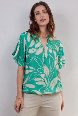 DIDI Dames Short sleeve blouse Carry in green with Island print maat 46