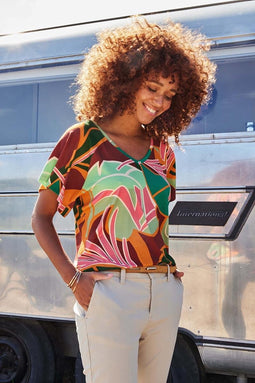 DIDI Dames V-neck top Jeska in offwhite with Seasons print maat 38