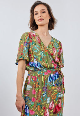 DIDI Dames Wrap dress Ginger in Aloe green with bird garden print maat 42