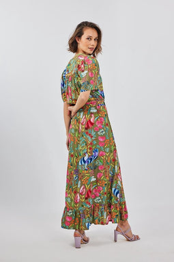 DIDI Dames Wrap dress Ginger in Aloe green with bird garden print maat 48