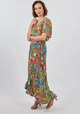 DIDI Dames Wrap dress Ginger in Aloe green with bird garden print maat 44