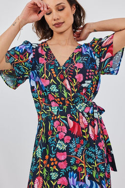 DIDI Dames Wrap dress Ginger in Dark blue with bird garden print maat 44