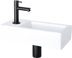 Differnz Helios Fonteinset - Kraan Links - Wasbak Keramiek Wit - Rechte Kraan - Mat Zwart - Standaard Greep - 37.5 x 18.5 x 9.5 cm