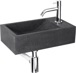 Differnz Parta Fonteinset - Wasbak Natuursteen Bombai Black - Gebogen Kraan - Chroom - Standaard Greep - 40 x 23 x 11 cm