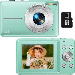Digitale camera, 1080P kindercamera met kaart van 32 GB FHD 44MP vlogcamera met LCD-scherm 16x zoom Compacte draagbare mini-oplaadbare camera voor studenten, tieners, meisjes, jongens, groen