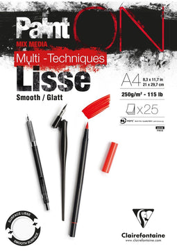 Tekenblok Clairfontaine Paint On A4 glad 25 vel 250gr wit | 4 stuks