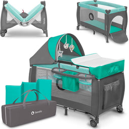 Lionelo Sven Plus - 2in1 Meegroeibed & Campingbedje - Co-Sleeper met Organizer en Klamboe - Turquoise/Grijs - 127x60 cm