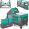 Lionelo Sven Plus - 2in1 Meegroeibed & Campingbedje - Co-Sleeper met Organizer en Klamboe - Turquoise/Grijs - 127x60 cm