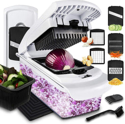 Lekro Groentesnijder - Mandoline Keukensnijder - 12-delig - Glazen Ovenschaal - RVS Messen - Zwart/wit