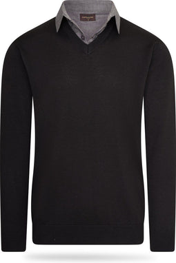 Cappuccino Italia Mock Pullover - Heren Trui met Overhemdkraag - Zwart - Maat XL