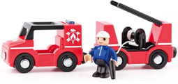 Woody - Brandweerwagentrein - Inclusief brandweerfiguur en brandslang - Rood (2 stuks)