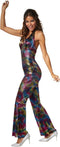 Dressforfun Disco Girl XL - Verkleedkostuum - Jumpsuit met nekband - Neon met regenboogkleurige stippen