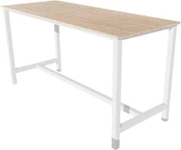 Domino Basic statafel, 180 x 80 cm., vaste hoogte 110 cm., uitgevoerd met versterkt H-onderstel met 50/50 mm. vierkante buispoten met steldoppen, onderstel staal zwart RAL 9011, blad 25 mm. melamine lindberg eiken