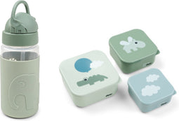 Done by Deer Friends SET drinkbeker met rietje + 3 snackdoosjes - Happy Clouds Green/Elphee Green