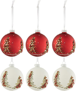 J-Line kerstbal Kerstbomen Glitters - glas - wit/rood - small - doos van 6